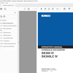 Kobelco SK300 IV SK300LC IV Hydraulic Excavator Operator's Manual PDF