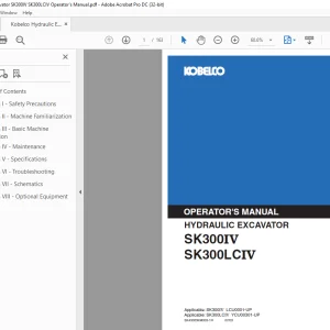 Kobelco SK300IV SK300LCIV Hydraulic Excavator Operator's Manual PDF