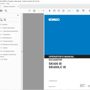 Kobelco SK400 III SK400LC III Excavator Operator's Manual PDF