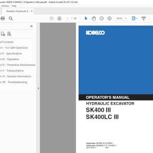 Kobelco SK400 III SK400LC III Hydraulic Excavator Operator's Manual PDF