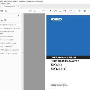 Kobelco SK400 SK400LC Hydraulic Excavator Operator's Manual PDF