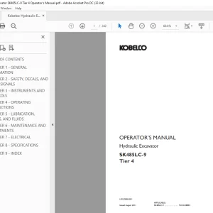 Kobelco SK485LC-9 Tier 4 Hydraulic Excavator Operator's Manual PDF