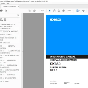 Kobelco SK850 Super Acera Tier 3 Excavator Operator's Manual PDF