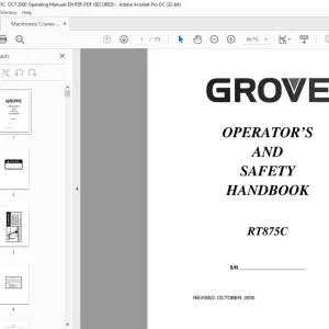 Manitowoc Grove Crane RT875C Operator`s & Safety Handbook Manual