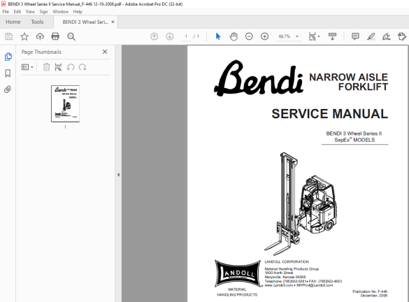 Bendi 3 Wheel Series II Narrow Aisle Forklift Service Manual ...