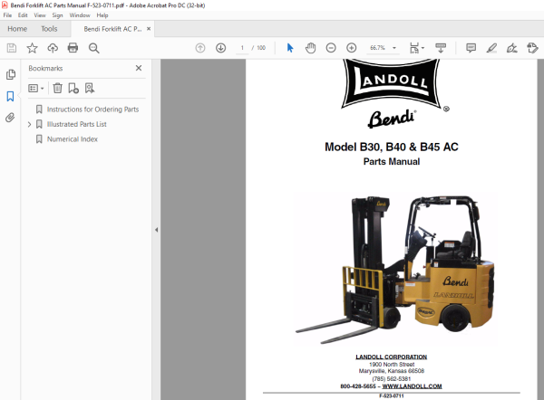 Bendi Landoll B30, B40 & B45 AC Forklift Parts Manual F-523-0711 PDF ...