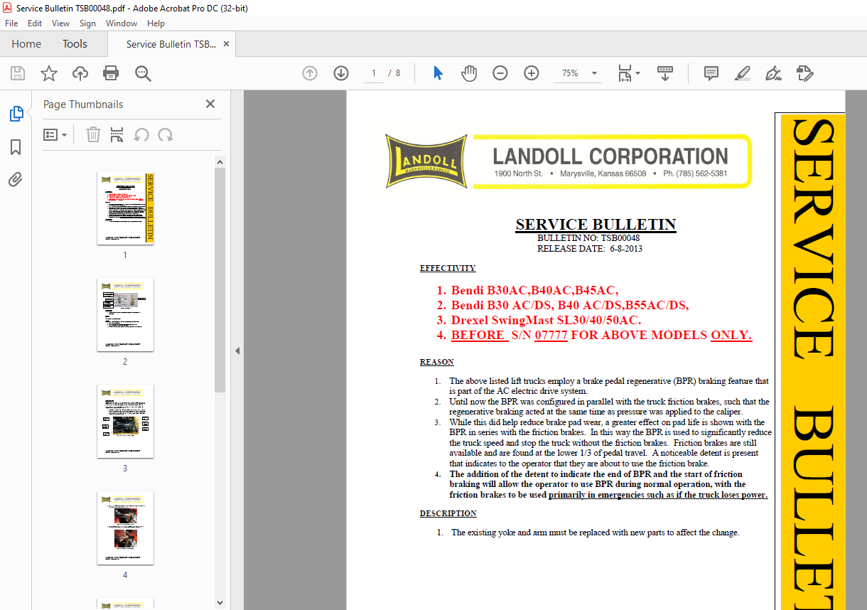 Bendi Landoll Forklift B30AC,B40AC,B45AC,SERVICE BULLETIN Manual ...