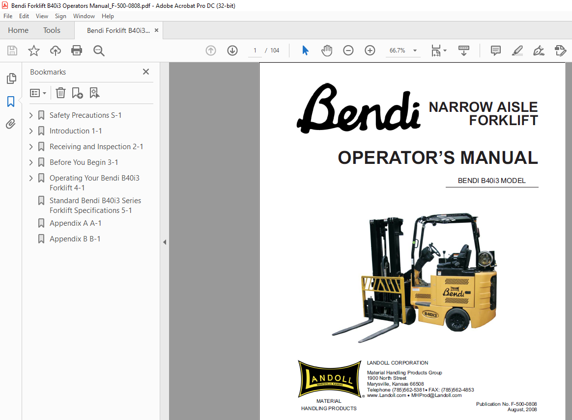 Bendi Landoll Forklift B40i3 Operator's Manual PDF - HeyDownloads ...