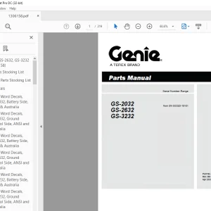 Genie Lift Truck GS-2032 GS-2632 GS-3232 Parts Manual 1306158GT