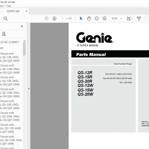 Genie QS-12R QS-15R QS-20R QS12W QS-15W QS-20W Parts Manual 230067 PDF