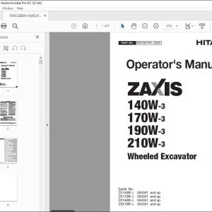 Hitachi 140W-3 170W-3 190W-3 210W-3 Excavator Operator's Manual PDF
