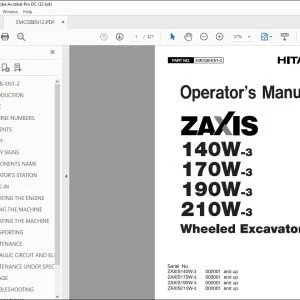 Hitachi ZAXIS 140W-3 170W-3 190W-3 210W-3 Excavator Operator's Manual PDF