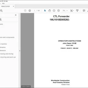 John Deere 1010E Fixed Cabin CTL Forwarder Operator's Manual PDF
