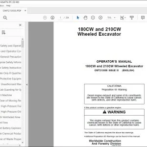 John Deere 180CW & 210CW Excavator Operator's Manual PDF