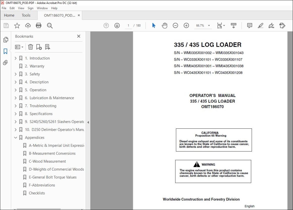 John Deere 335 / 435 LOG LOADER Operator's Manual OMT186070 PDF ...