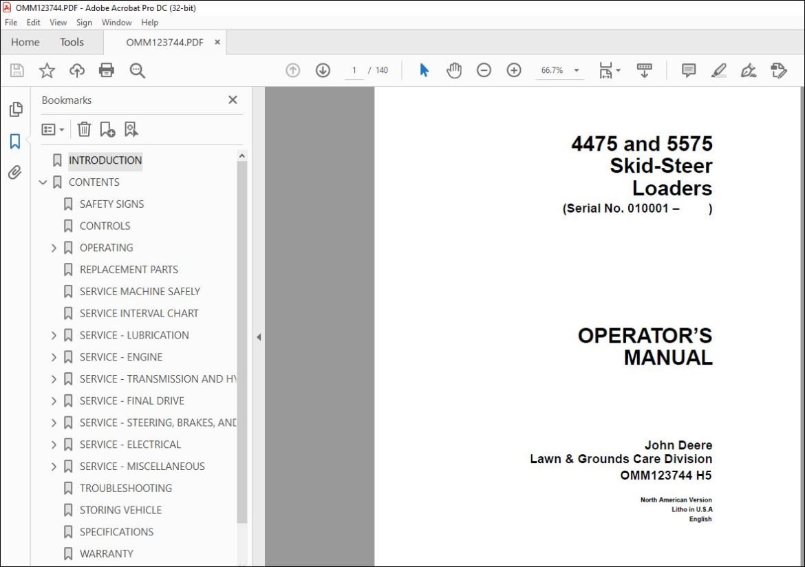 John Deere 4475 & 5575 Skid-Steer Loaders Operator's Manual PDF ...