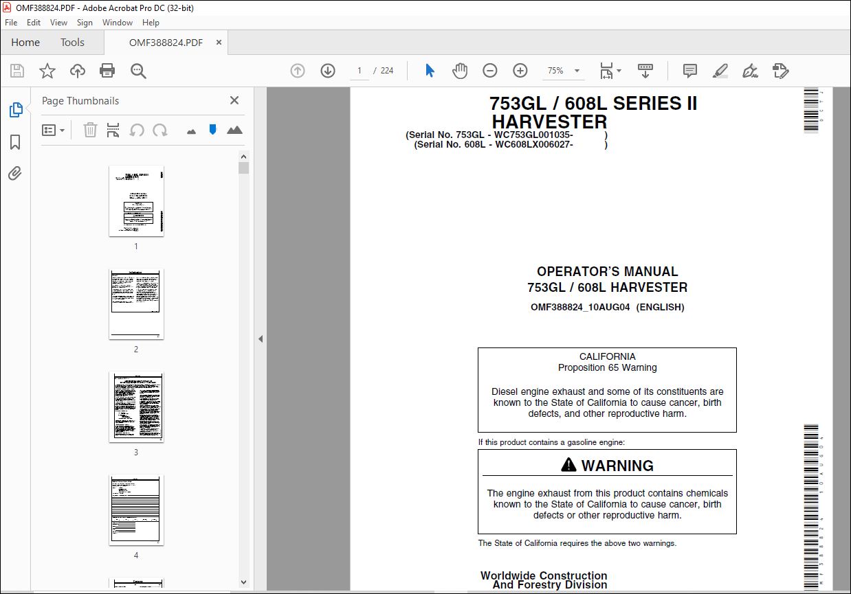 John Deere 753GL / 608L SERIES II HARVESTER Operator's Manual PDF ...