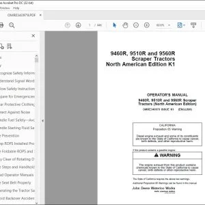John Deere 9460R, 9510R & 9560R Scraper Tractors Operator's Manual PDF