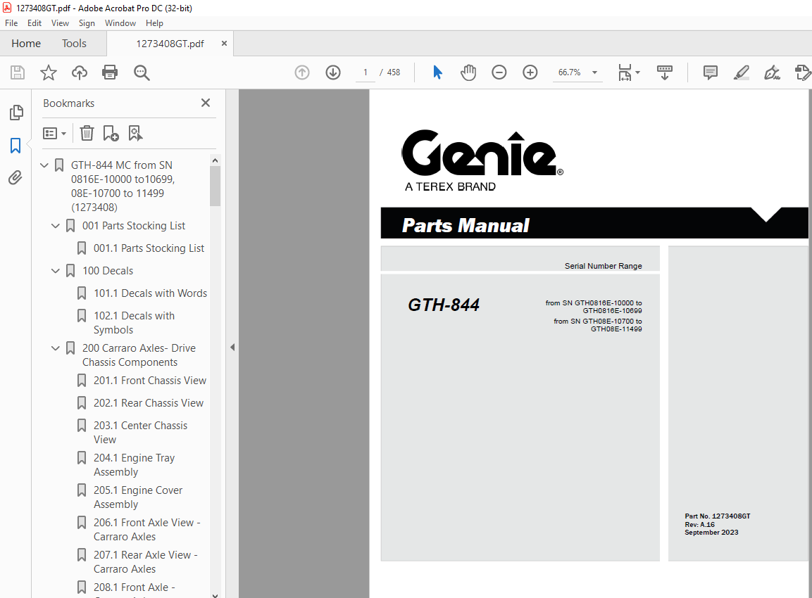 Genie Telehandlers GTH-844 Parts Manual 1273408GT - PDF DOWNLOAD ...