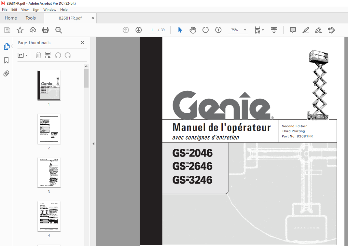 Genie lift GS-2046 GS-2646 GS-3246 Manuel de l`Operateur 82681 ...