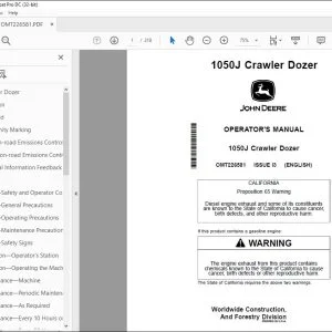 John Deere 1050J Crawler Dozer Operator's Manual OMT226581 PDF