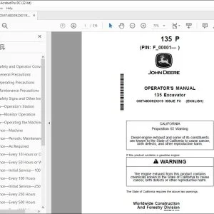 John Deere 135 Excavator Operator's Manual OMT480092X019 PDF