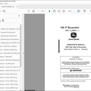 John Deere 160 P-tier Gen-A Excavator Operator's Manual OMT473388X019 PDF