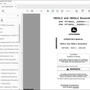 John Deere 160GLC & 180GLC Excavators Operator's Manual OMT308595 PDF