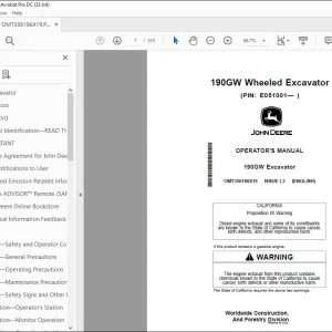 John Deere 190GW Excavator Operator's Manual OMT356186X19 PDF