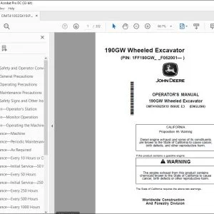 John Deere 190GW Wheeled Excavator Operator's Manual OMT410025X19 PDF