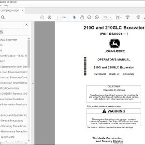 John Deere 210G & 210GLC Excavator Operator's Manual OMT306201 PDF
