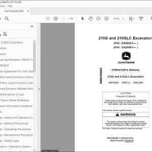 John Deere 210G & 210GLC Excavators Operator's Manual OMT308593 PDF
