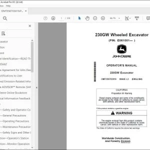 John Deere 230GW Excavator Operator's Manual OMT356703X19 PDF