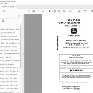 John Deere 250 P-tier Gen-A Excavator Operator's Manual OMT471167X019 PDF