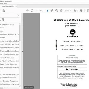 John Deere 250GLC & 290GLC Excavator Operator's Manual OMT289049 PDF