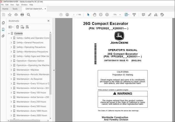 John Deere 26G Compact Excavator Operator's Manual - PDF DOWNLOAD ...