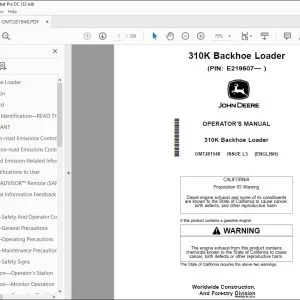 John Deere 310K Backhoe Loader Operator's Manual OMT281948 PDF