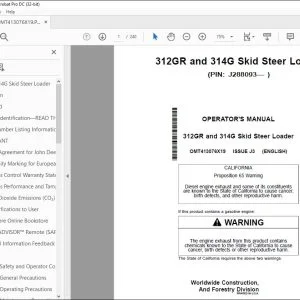 John Deere 312GR & 314G Skid Steer Loader Operator's Manual PDF