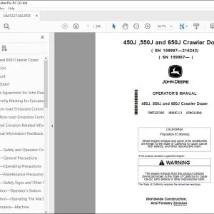 John Deere 450J 550J & 650J Dozer Operator's Manual OMT227285 PDF