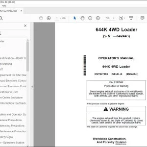 John Deere 644K 4WD Loader Operator Manual OMT227998 - PDF DOWNLOAD