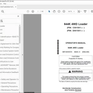 John Deere 644K 4WD Loader Operator's Manual OMT346595X19 PDF