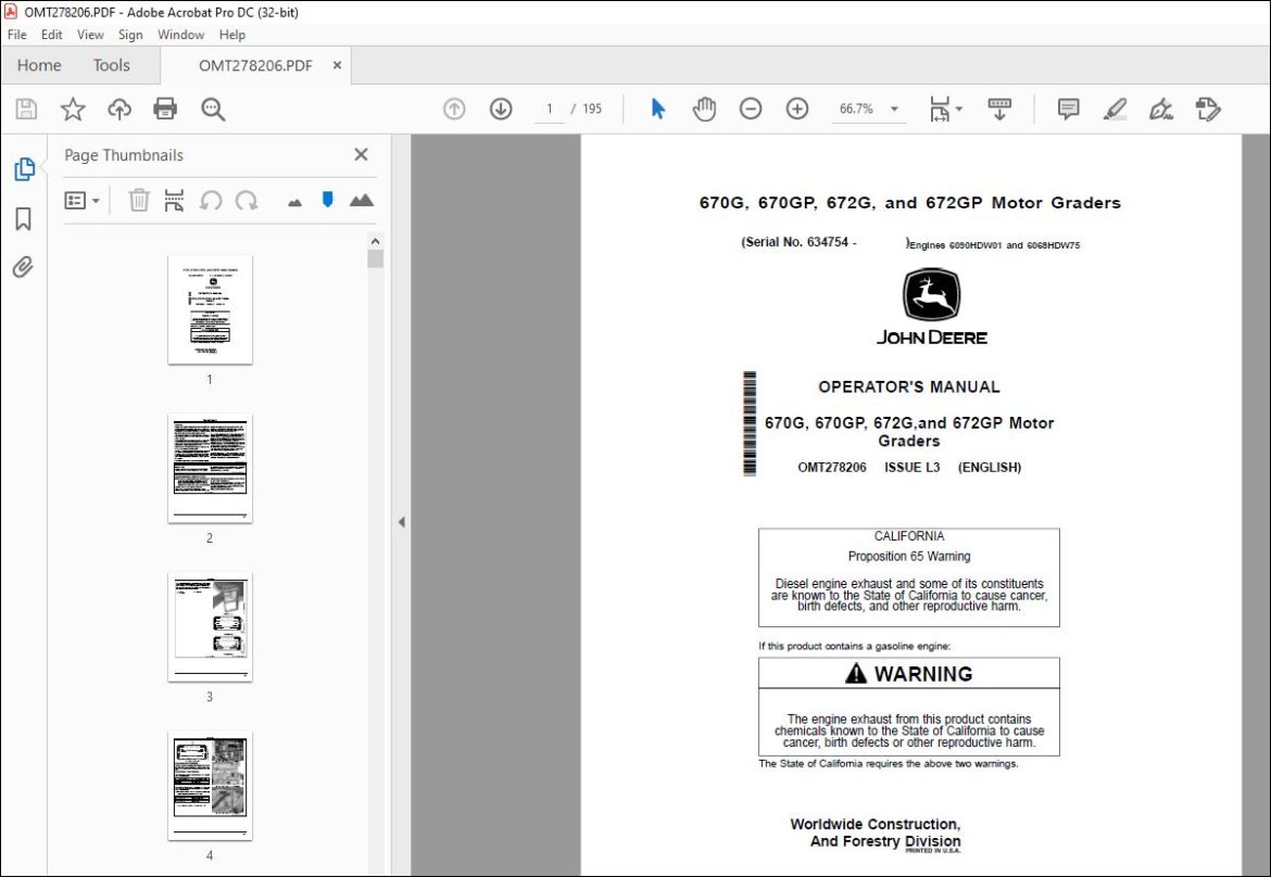 John Deere 670G 670GP 672G & 672GP Graders Operator's Manual OMT278206 ...