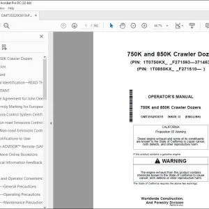 John Deere 750K & 850K Crawler Dozers Operator's Manual OMT355293X19 PDF