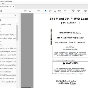 John Deere 844 P & 904 P 4WD Loader Operator's Manual OMT473605X019 PDF