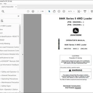 John Deere 844K Series II 4WD Loader Operator's Manual OMT275503 PDF