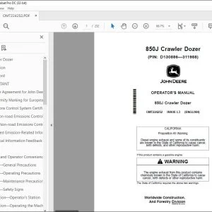 John Deere 850J Crawler Dozer Operator's Manual OMT224252 PDF