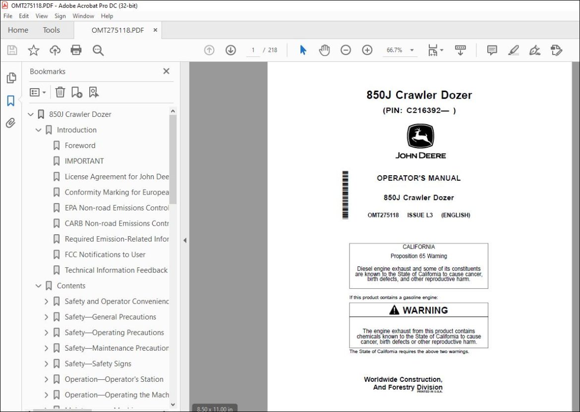 John Deere 850J Crawler Dozer Operator's Manual OMT275118 PDF ...