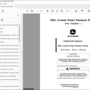John Deere 850L Crawler Dozer Pipelayer Ready Operator's Manual OMT415020X19 PDF