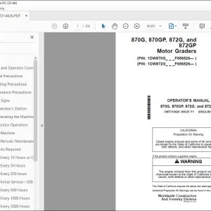 Owner's Manual for John Deere 870G 872G Series Graders PDF