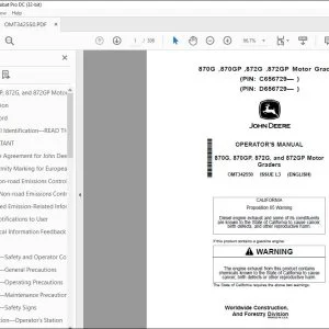 John Deere 870G, 870GP, 872G & 872GP Graders Operator's Manual OMT342550 PDF
